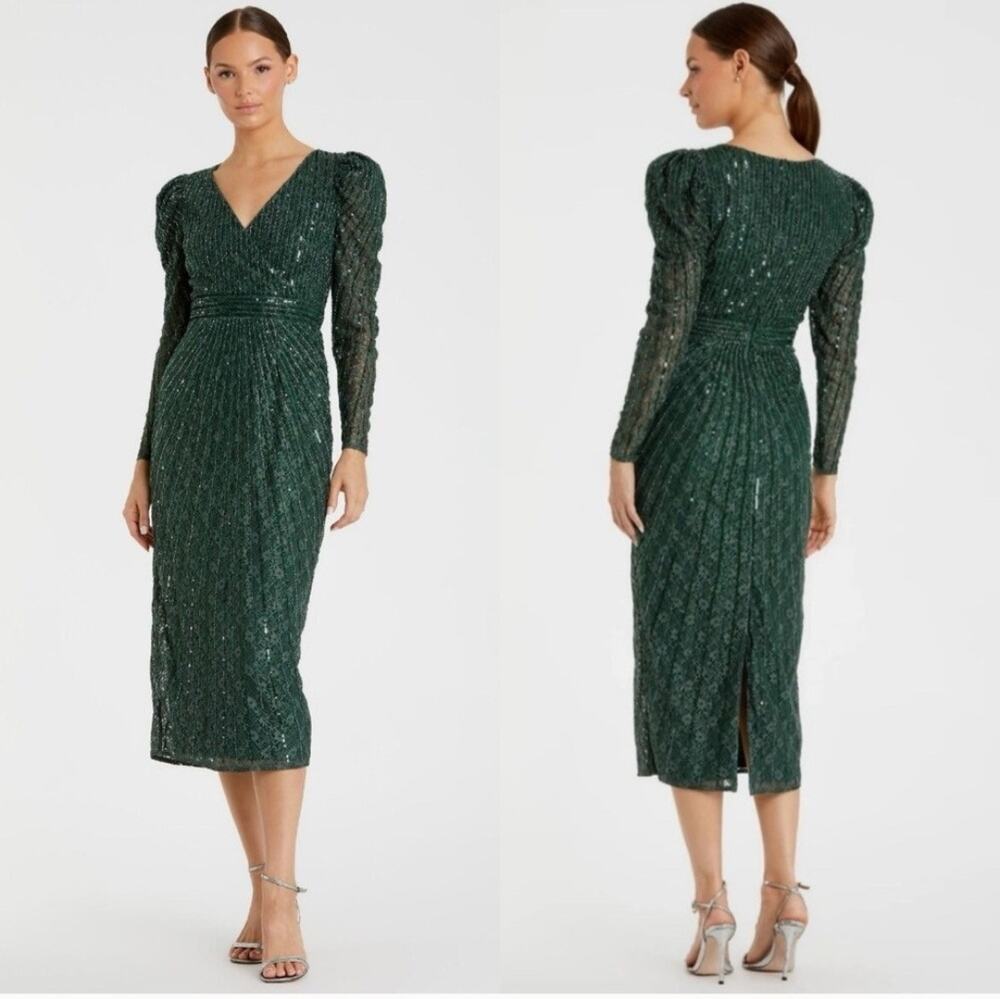 Mac Duggal 93676 Beaded Lace Long Sleeve Formal Gown Dress Green Size 4